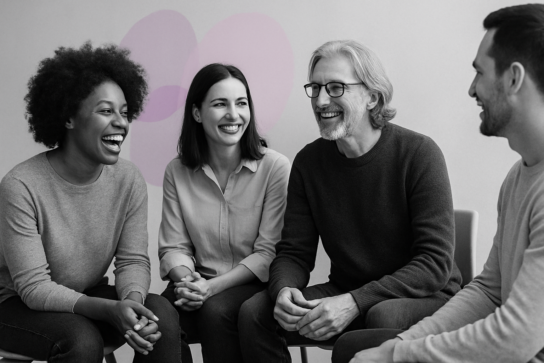 Quatre professionnels échangent dans un espace d’analyse en thérapie narrative