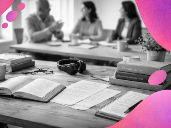 Table de travail en noir et blanc avec livres, articles, carnet, lunettes et casque audio, en arrière-plan un groupe en discussion floue