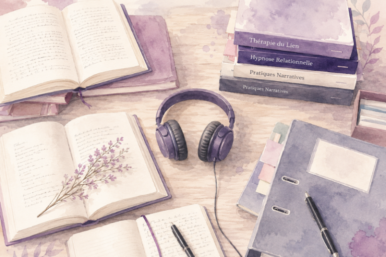 Vue de dessus de livres cliniques, TLMR, poétiques et organisationnels disposés en quatre zones autour d’un casque audio en noir et blanc