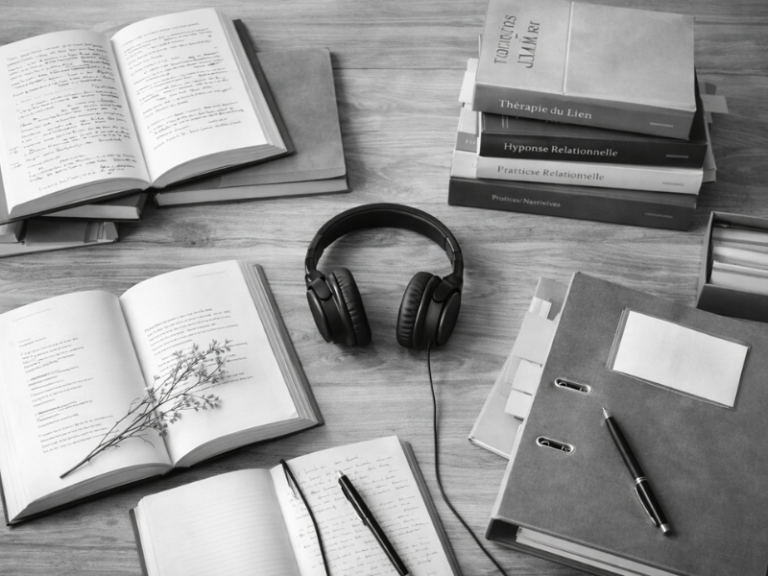 Vue de dessus de livres cliniques, TLMR, poétiques et organisationnels disposés en quatre zones autour d’un casque audio en noir et blanc