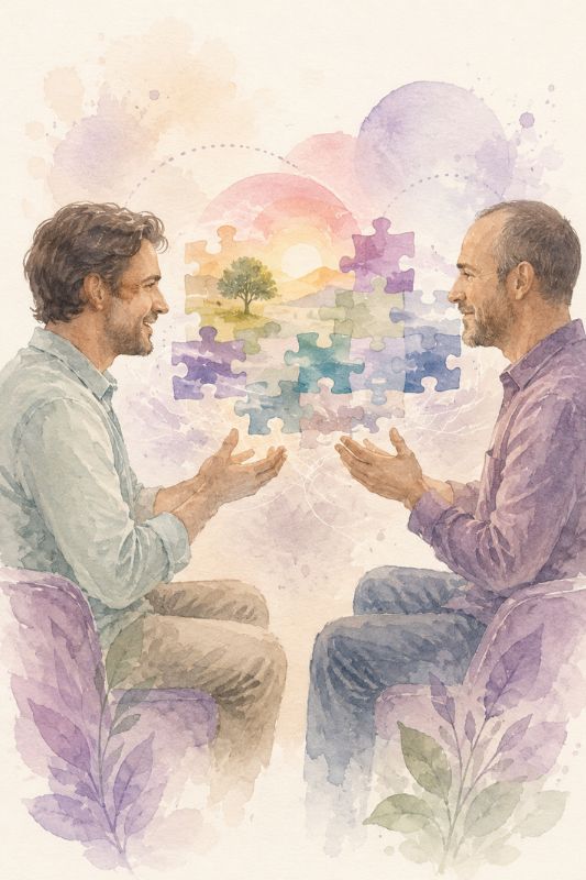 Praticien en séance utilisant le questionnement thérapeutique pour transformer les représentations du patient.