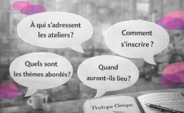 Bulles de questions en français sur les ateliers Mimethys, affichées sur une image en noir et blanc avec des accents graphiques violets.