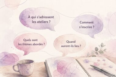 Bulles de questions en français sur les ateliers Mimethys, affichées sur une image en noir et blanc avec des accents graphiques violets.
