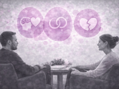 Deux personnes en relation thérapeutique avec symboles du lien, du monde intérieur et du désaccord au centre de l’image.