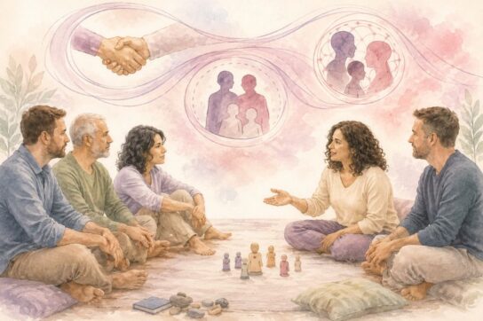 Groupe en formation résidentielle travaillant la posture thérapeutique avec illustrations relationnelles et transgénérationnelles