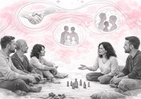 Groupe en formation résidentielle travaillant la posture thérapeutique avec illustrations relationnelles et transgénérationnelles