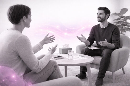 Séance de thérapie en noir et blanc avec un thérapeute et une patiente en discussion, accompagnée de légères touches rose/violet symbolisant le lien relationnel.