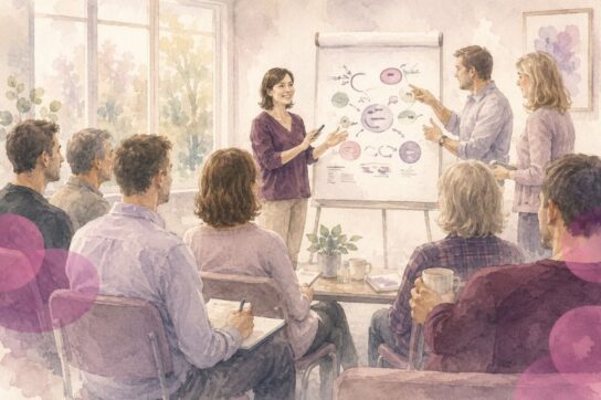 Professionnels en formation analysant un schéma clinique sur paperboard lors d’une séance de supervision Mimethys