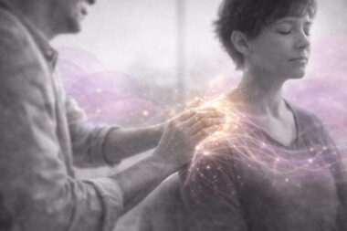 Mains effectuant un taping fibratoire sur l’épaule d’une personne, illustrant le retissage de l’enveloppe corporelle en TLMR, avec effets lumineux rose et violet