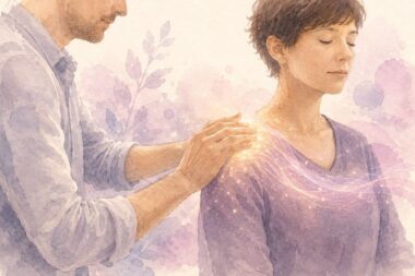 Mains effectuant un taping fibratoire sur l’épaule d’une personne, illustrant le retissage de l’enveloppe corporelle en TLMR, avec effets lumineux rose et violet
