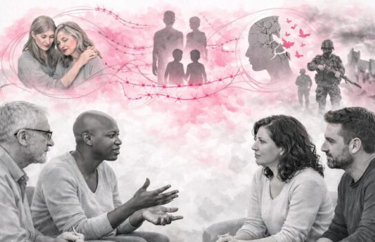 Groupe en échange thérapeutique avec illustrations symboliques des traumas complexes, en noir et blanc avec touches de rose