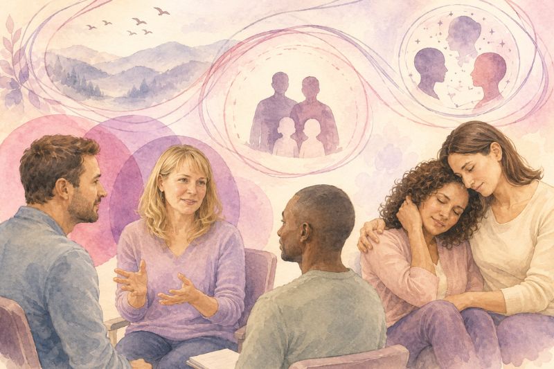 Séance d’échanges et soutien empathique illustrant la TLMR, centrée sur le lien humain et l’accompagnement.