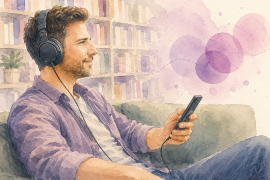 Homme assis dans un fauteuil, portant un casque audio et tenant un smartphone, dans un espace avec des étagères de livres en arrière-plan.