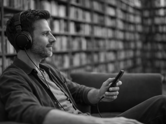 Professionnel écoutant un podcast de l’Institut Mimethys, illustration du passage des webinaires vers le format audio