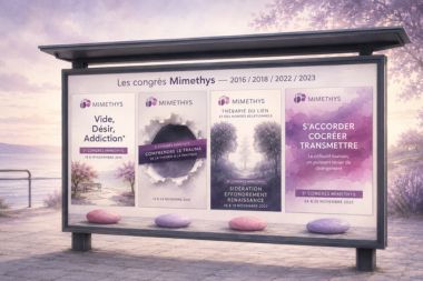 Affiches des congrès de l’Institut Mimethys illustrant l’évolution de la pensée relationnelle et clinique au fil des années