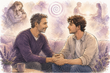 Illustration symbolique de la filiation et transmission entre deux professionnels en dialogue, reliés par une lumière évoquant le lien.