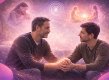 Illustration symbolique de la filiation et transmission entre deux professionnels en dialogue, reliés par une lumière évoquant le lien.