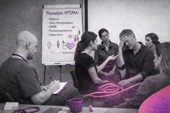 Scène de formation HTSMA en noir et blanc montrant un travail clinique en groupe, avec un paperboard indiquant “Formation HTSMA” et des touches graphiques violettes et roses évoquant la parole, la plainte et l’attention relationnelle du thérapeute.