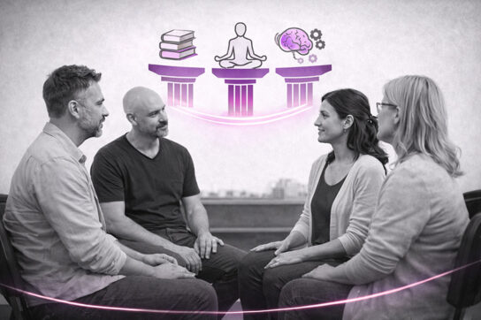 Scène de formation HTSMA en noir et blanc montrant un travail thérapeutique en groupe, avec des éléments graphiques violets et roses symbolisant l’intégration, la pratique et la stabilité relationnelle.