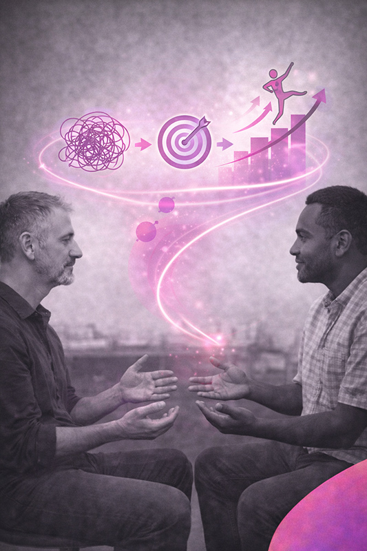 Scène en noir et blanc montrant deux personnes en interaction thérapeutique, avec des éléments graphiques roses et violets symbolisant le mouvement relationnel et l’ajustement à partir de ce que l’autre apporte.