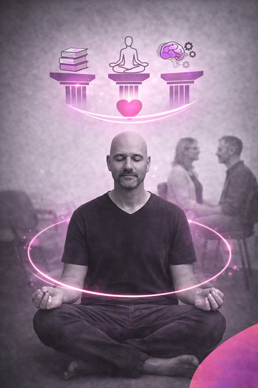 Illustration en noir et blanc montrant un soignant en posture de recentrage, avec des éléments graphiques roses et violets symbolisant l’équilibre, la stabilité intérieure et la relation thérapeutique.