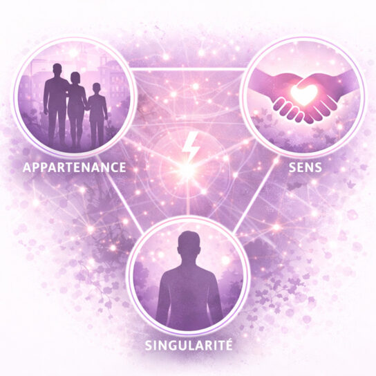Représentation relationnelle des trois pôles de l’existence humaine : appartenance, singularité et sens. description de la philosophie et de la charte éthique