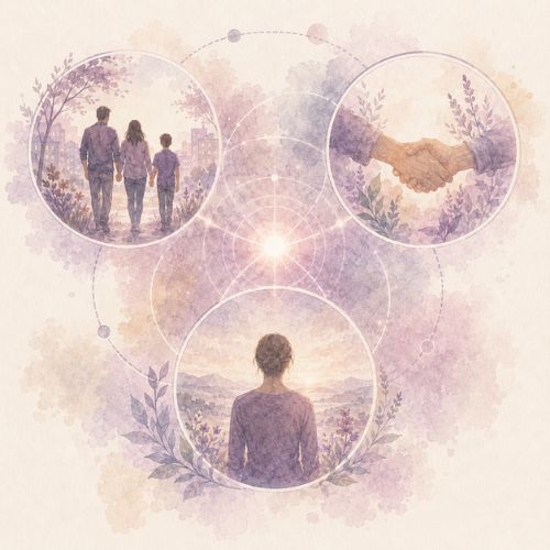 Représentation relationnelle des trois pôles de l’existence humaine : appartenance, singularité et sens. description de la philosophie et de la charte éthique
