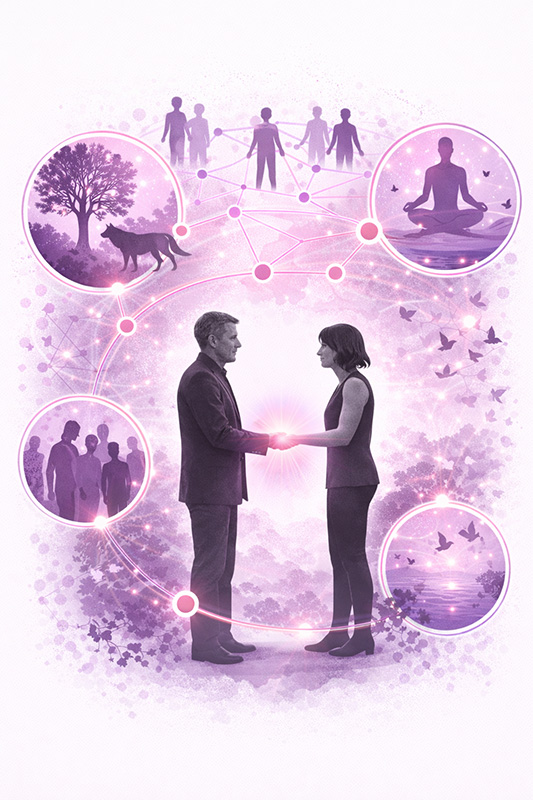 Deux personnes en noir et blanc en relation thérapeutique, illustrant la philosophie du lien de la thérapie Mimethys