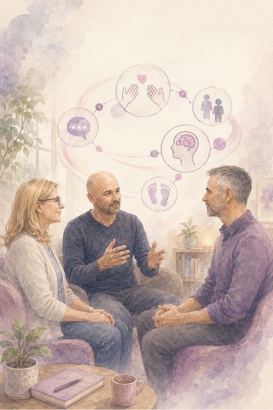 Scène de formation HTSMA en noir et blanc montrant une femme et deux hommes en échange, avec des éléments graphiques roses et violets symbolisant la parole, la relation thérapeutique et le mouvement, sur fond de mégaphone.