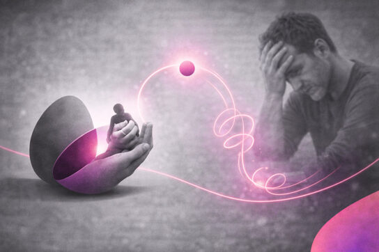 Illustration en noir et blanc représentant la posture de soin et l’épuisement du thérapeute, associée à des formes symboliques roses et violettes évoquant la charge relationnelle et la tentation du rôle de sauveur en hypnose HTSMA.