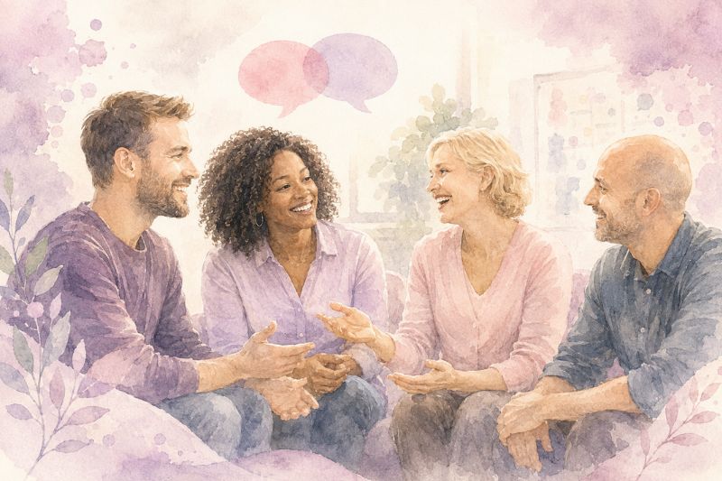 Professionnels échangeant avec sourire et engagement lors d’une formation, illustration en noir et blanc avec touches rose et violet