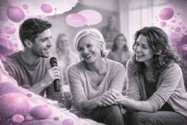 Groupe de personnes partageant leurs témoignages avec sourire et engagement dans une dynamique relationnelle, illustration en noir et blanc avec touches rose et violet