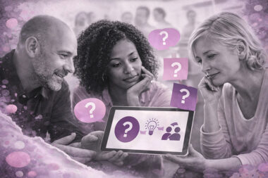 Professionnels échangeant autour de questionnements et de repères de pratique, illustration en noir et blanc avec touches rose et violet