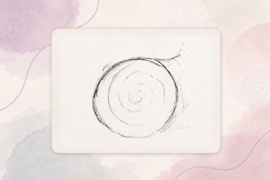 Illustration en noir et blanc montrant une personne réalisant un second dessin dans un autre coin de la feuille, avec des éléments graphiques roses et violets évoquant la représentation d’un problème réglé.