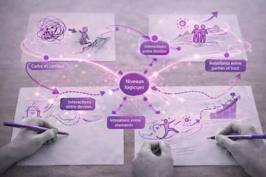 Illustration en noir et blanc montrant uniquement des mains dessinant sur des feuilles, avec des éléments graphiques roses et violets reliant les dessins et représentant les interactions, les niveaux logiques et les relations entre parties et tout.
