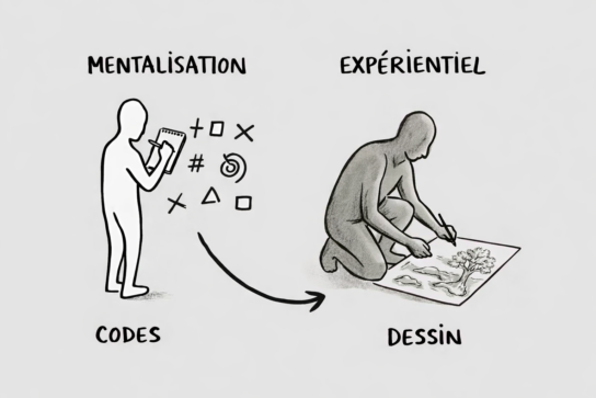 Illustration en noir et blanc montrant un chemin dessiné avec plusieurs obstacles, des ressources associées et des actions indiquées, avec des éléments graphiques roses et violets mettant en évidence les étapes du franchissement.