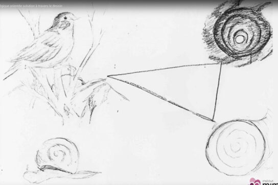 Illustration en noir et blanc montrant une personne observant trois dessins sur une feuille puis réalisant un nouveau dessin dans le dernier coin, avec des éléments graphiques roses et violets évoquant l’émergence d’un dessin synthèse.