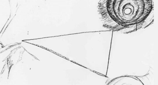 Illustration en noir et blanc montrant une feuille avec quatre dessins placés dans les coins et un chemin tracé entre deux points, avec des éléments graphiques roses et violets soulignant le processus et les possibles du parcours.