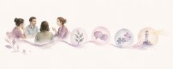 Illustration aquarellée représentant un groupe de professionnels échangeant autour de situations cliniques en thérapie narrative, accompagné de métaphores visuelles évoquant le dialogue, les ressources, la réflexion et l'orientation clinique.