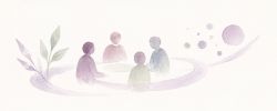 Illustration douce d’un groupe en atelier, évoquant l’approfondissement clinique, l’échange et le perfectionnement de la pratique TLMR.