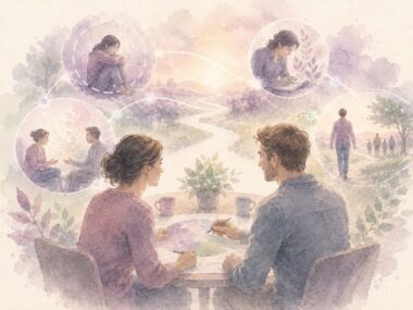 Illustration aquarellée montrant une praticienne et une personne qui co-construisent un chemin de changement, avec des scènes symboliques d’exploration, de ressources et de réappropriation de l’histoire.