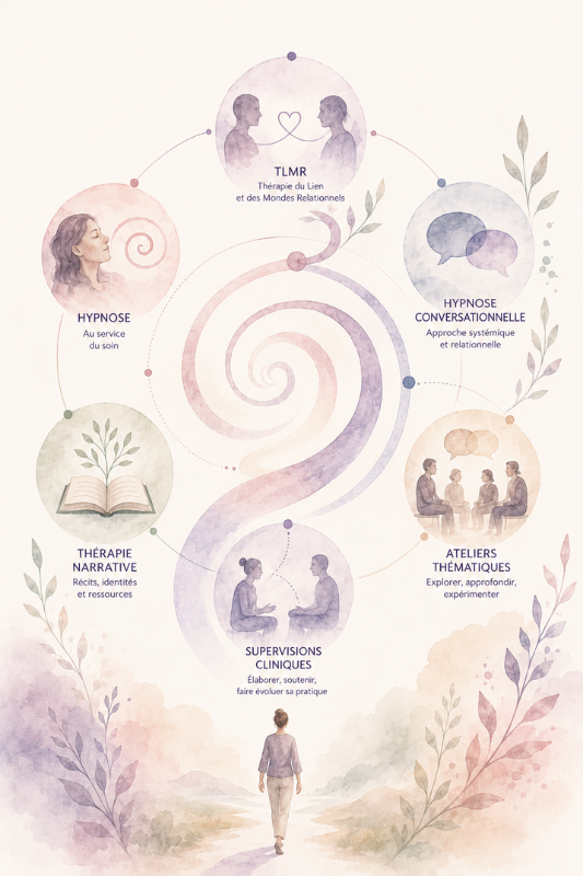 Illustration représentant la TLMR au cœur d'un parcours de formations de l'Institut Mimethys, reliant l'hypnose au service du soin, l'hypnose conversationnelle, la thérapie narrative, les ateliers thématiques et les supervisions cliniques autour d'une spirale symbolisant l'évolution clinique.