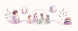 Illustration représentant un groupe de professionnels en réflexion clinique, symbolisant l'analyse de situations réelles, l'ajustement de la posture thérapeutique et le perfectionnement en hypnose conversationnelle.