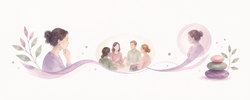 Illustration évoquant un atelier de perfectionnement en hypnose soin, où la réflexion clinique, les échanges en groupe et l'ajustement de la posture thérapeutique s'articulent dans une dynamique de supervision.