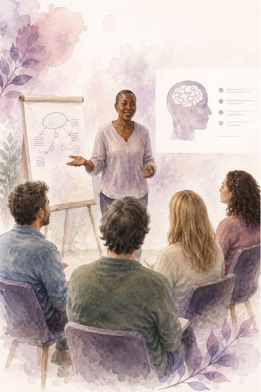 Formatrice animant un échange autour d’un schéma clinique, avec un groupe de professionnels, illustration des principes relationnels de la TLMR