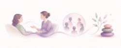 Illustration représentant une relation thérapeutique en hypnose conversationnelle, reliée à un système de relations symbolisant l'approche systémique et l'accompagnement du patient dans son environnement relationnel.