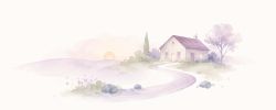Illustration aquarelle représentant un chemin menant vers un lieu résidentiel paisible, évoquant l'accueil, la sécurité relationnelle et le cheminement thérapeutique dans l'approche TLMR.