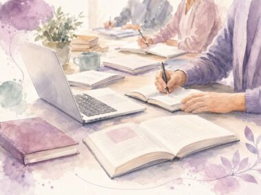 Illustration représentant des auteurs de l’Institut Mimethys travaillant autour d’ouvrages, de l’écriture et de la transmission clinique.