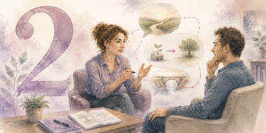 Illustration aquarellée représentant une séance d’hypnose conversationnelle où un thérapeute utilise des métaphores visuelles pour accompagner un patient vers un changement de perspective.