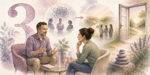 Illustration aquarellée représentant un échange thérapeutique orienté vers les ressources, avec une métaphore visuelle du passage d’un problème complexe vers des perspectives de solution en hypnose conversationnelle.